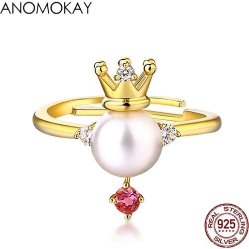 Anomokay Classic Gold Color Little Crown Natrue Pearl Ring for Lovers GF Luxury Gift 100% 925 Sterling Silver Resizable CZ Ring