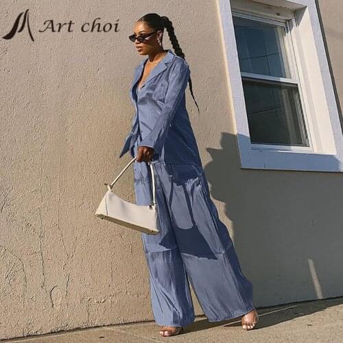 Spring Summer Two Piece Set Tracksuit Casual Outfit Suits Women Loose Blouse Tops Wide Leg Pants Chic Ladies Satin 2 Piece Sets