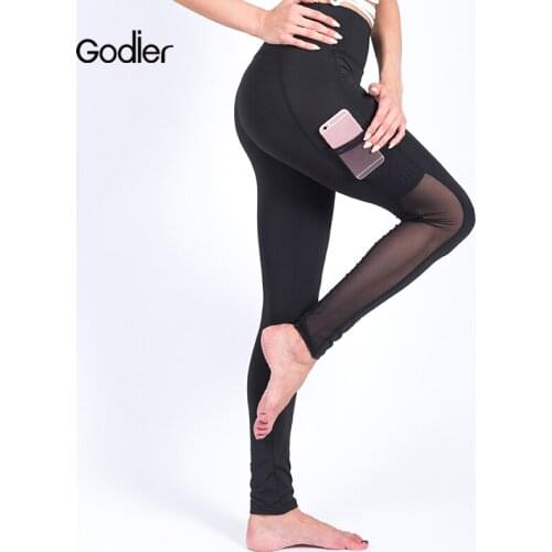 Godier Push Up Fitness Leggings Women High Waist Workout Pockets Legging Net Yarn Patchwork Pants Capris Sportswear Clothing