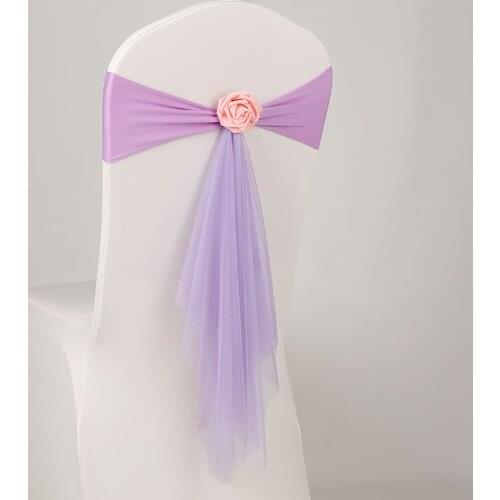 10 Pcs Chair Decoration with Bowknot Organza and Rosette Ball for Wedding Banquet Party Decoration Chair Sash Lycra Bow Tie Band