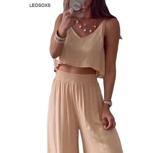 Summer Womens Cool Dress Suit Casual Loose Suit Solid Color V-neck Suspender Top And Wide Leg Pants Suit For Female