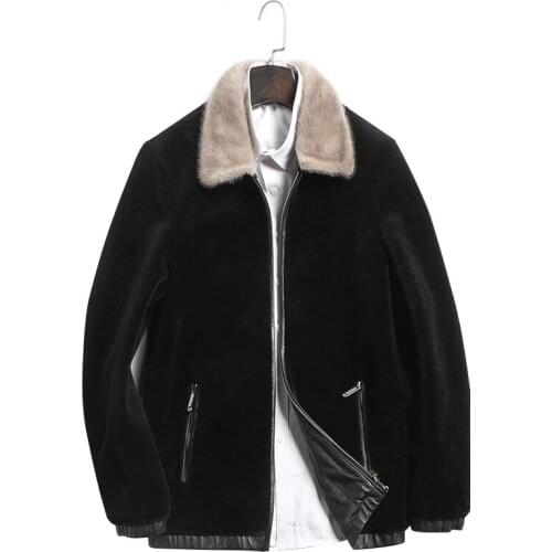 Real Sheepskin Leather Jacket Men Short Black Wool Coat New Casual Natural MInk Fur Collar Outwear Plus Size SD17W012 LX2351
