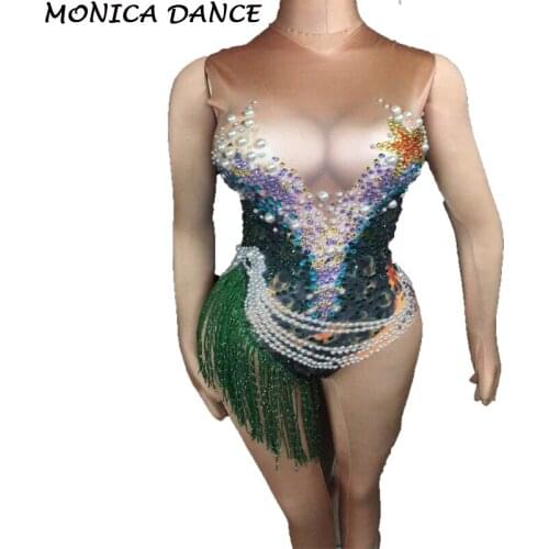 Sexy Sparkly Rhinestones Pearls Chain Bodysuit Bright Green Fringe Leotard Singer Costume Nightclub Birthday Celebrate Costume