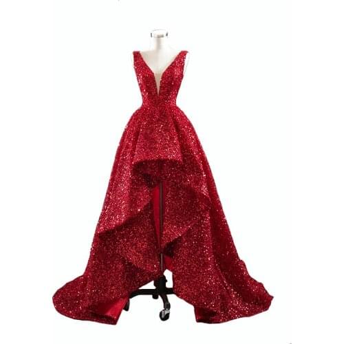 Luxury High Low Evening Dresses Long Elegant V-neck Vestidos Formales Sequin Party Prom Gowns for Women