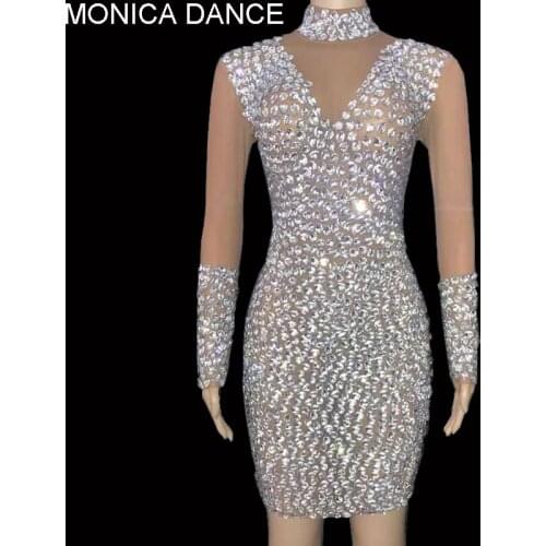 Sexy Stage Silver Rhinestones Turtleneck Dress Prom Evening Transparent Mesh See Through Birthday Wedding Long Sleeves Dress