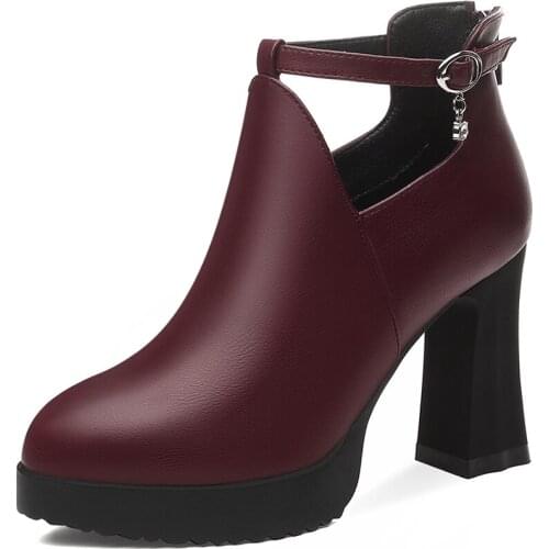 Ankle Strap 9cm Square High Heels Platform Women Shoes Woman Spring Mature Elegant Office Lady Black Leather Dress Pumps M0394