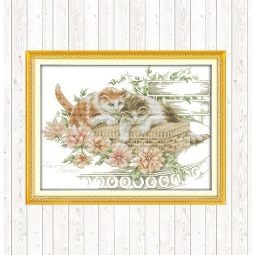 Flowers and Cats Needlework Counted Cross Stitch Patterns 14ct 11ct DMC Floss Printed Canvas DIY Embroidery Kits Home Decor Art