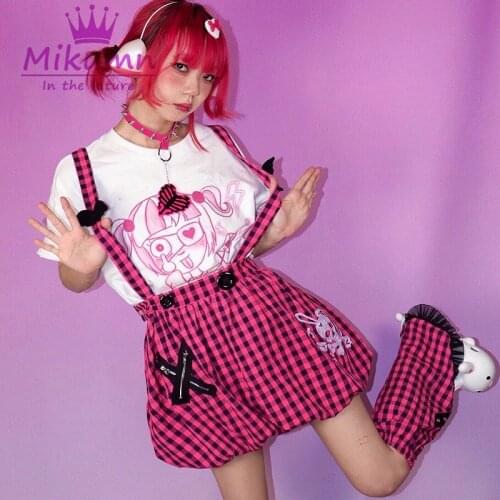 Harajuku Punk Cute Girls Japanese Pink Plaid Skull Lantern Strap Skirts Gothic Lolita Kawaii Short Skirts