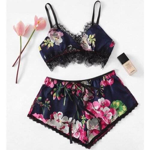 Pajama Set Women Sexy Printing Spaghetti Strap V-Neck Lace Lingerie Set Ladies Female Summer Crop Tops Shorts Sleepwear Suit