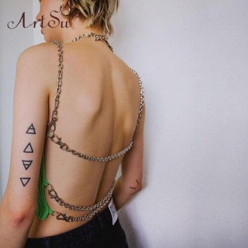 ArtSu 2021 Spring Women Green Knitted Spaghetti Straps Cami Tops Backless Metal Chain Streetwear Sexy Crop Top Female Camisole