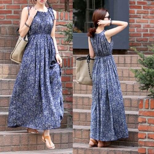 Women Dress Long Maxi Besch Dress Sundress Casual Sleeveless O Neck Loose Long Bohemian Style New Summer Dress Vestidos
