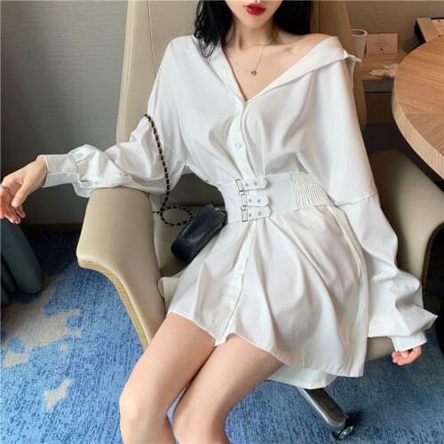 Women Fashion Black White Mini Dress 2020 New Spring V Neck Belted Waist Shirt Dress French Retro Long Sleeve Slim Office Dress