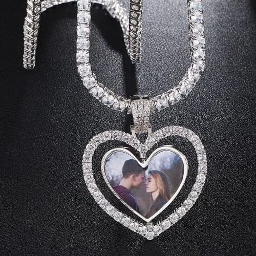 1 Hip Hop Custom Made Photo Heart Rotating Double-sided Iced Bling Cubic Zircon Necklace Pendant For Men Jewelry Tennis Chain