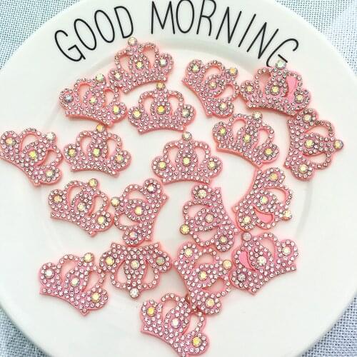 20pcs Pink Color Crown Padded Appliques with Shiny Diamond for Headwear Decoration Handmade Hair Accessories