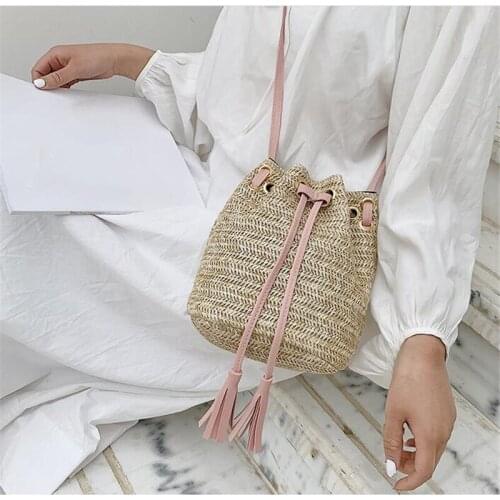 2019 Summer New Women Tassels Bucket Crossbody Shoulder Bag Beach Straw Woven Tote bag Straw Bags