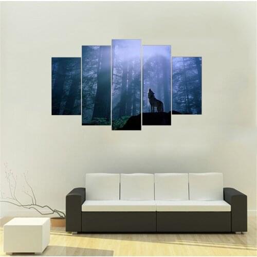 5 Piece Wall Art Canvas Painting Animal Wolf Ｈowling in the Forest Poster Ｎordic Home Decor Ｗall Pictures For Living Room