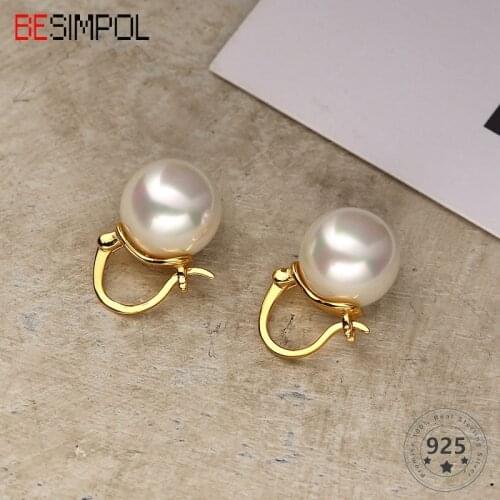 Besimpol Real 925 Sterling Silver Stud Earrings Elegant Vintage Shell Pearl Wedding Earrings For Women Fine Jewelry Party Gifts