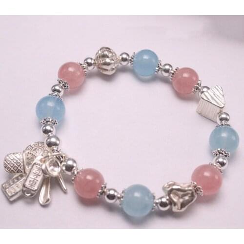 Real Silver 925 Bracelet Chain For Women Girl Silver Beads Aquamarine Pink Crystal Beads Lucky Bag Cat Bracelet 17cm Treasures