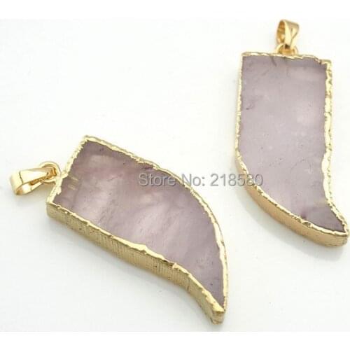 C150211008 Smooth Created Rose Pink Quartz tusk Charm,Rose Pink Quartz Horn Pendant with Gold Electroplated Cap and Bail