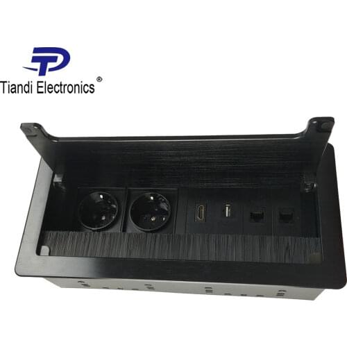 Black aluminium panel 2-bit EU power plug brush clamshell multifunction table socket +dual network connector +HDMI USB interface