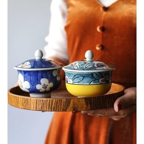 Flower hand painted high foot bowl with Japanese cuisine ceramic tea set cup steamed egg cup with lid tureen