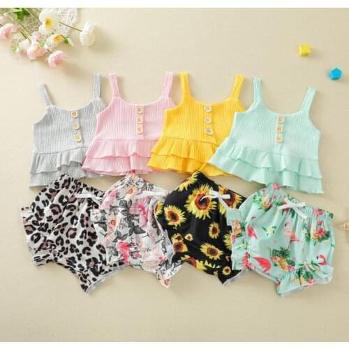 Baby Girl Summer Two Piece Set Fashion Solid Color Ruffles VestTops Leopard Triangle Short Pants Sets Babys Sets
