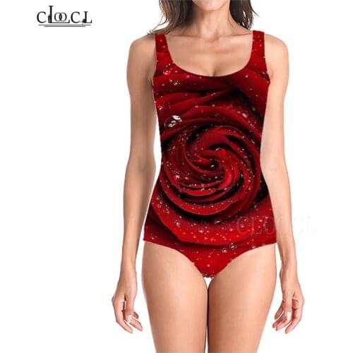 Red One-Piece Swimsuit Women Flower Rose Print Sleeveless Sexy One Piece Swimwear 3D Floral Summer Girls Ladies Beach Swimsuits
