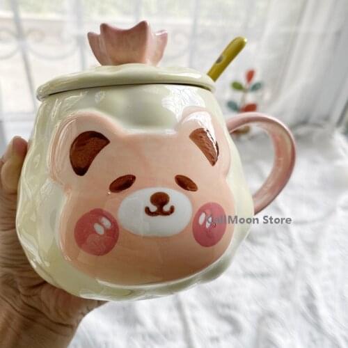 Microwavable Mug Ins 401-500ml Korean Japanese Style Ceramic Bear Crown Cup Cute Cartoon Milk Cup Breakfast Cup Coffee Cup