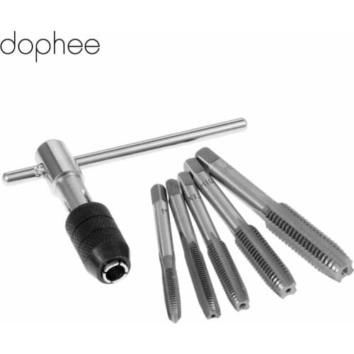 Dophee 6Pcs M6-M12 HSS Hand Taps Screw Thread Metric Plug Tap Set With 6mm-12mm Adjustable T-handle Tap Wrench Hand Tools Set