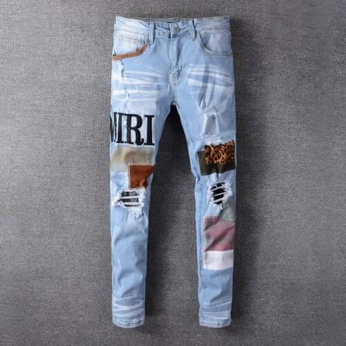 High Street Brand Big Letter Emmroidery Blue Jeans Men Slim Fit Contrast Patch Denim Jeans Trousers Men Party Punk Rock Pants