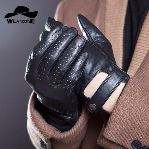 2017 Mens Leather Gloves Mittens Hole Button Breathable Goat Genuine Leather Men Driving Gloves Male Fashion Gloves Embossing