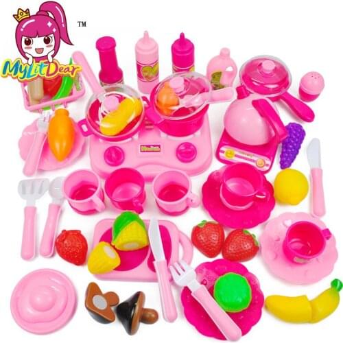 MylitDear 46Pcs Kitchen Cooking Toy Children DIY Fruit Vegetables Plastic Kitchen Toy Role Play Toy Set Kids Educational Toys