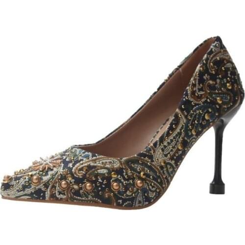 New Fashion Retro Pattern Fabric Stiletto Rhinestone Pointed Single Shoes 2019 Spring Rivet Leopard High Heels Women