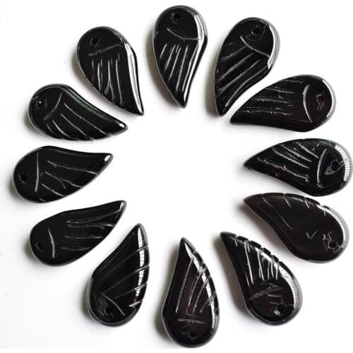 Wholesale 12pcs/lot Fashion top quality natural stone black onyx carved angel wings charms pendants for jewellery making free