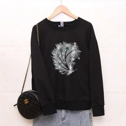Autumn New Fashion Loose Sweatshirts female Creativity Peacock feather Hot diamonds Pattern Casual o-neck women tops pullovers