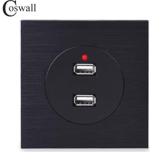 Coswall Aluminum Metal Panel Wall Socket Outlet Dual USB Charging Port 2.4A Output LED Indicator R11 Series R12 Series Black