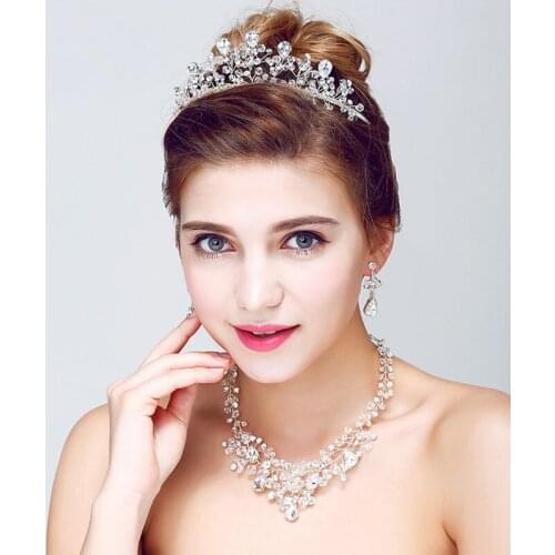 SLBRIDAL Handmade Gold Rhinestones Crystal Pearls Flower Leaf Wedding Jewelry set Bridal Necklace Earring Tiara Set Bridesmaids