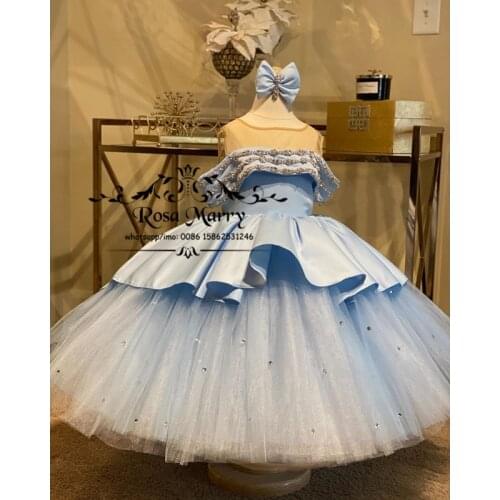 Light Blue Ball Gown Crystal Girls Pageant Dresses 2021 Christmas Plus Size Toddlers Birthday Party Gowns Cupcake Gowns For Kids