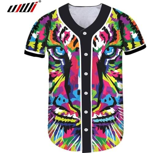 UJWI Streetwear 3D T Shirt Men Hipster Baseball Jersey Button Short Sleeve T-shirts Print Colorful mosaic tiger Teens Boy Casual