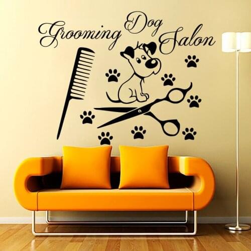 ZOOYOO Grooming Dog Salon Wall Decals Vinyl Removable Paw Print Comb Shears And Cute Puppy Wall Stickers Living Room