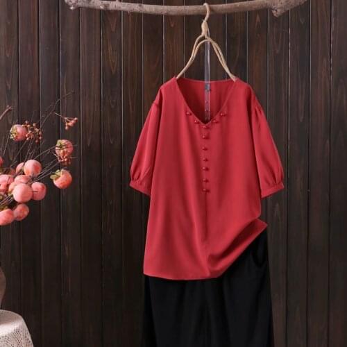 Plus size red black V-Neck button women tshirts 2021 new summer causal chiffon ladies t shirts female tops t-shirts