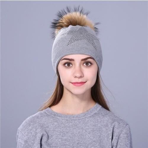 Women Fashion Winter Warm Wool Knitted Crystal Ornament Hat Fox Fur Ball Pom Pom Hat Ladies Soft Beanie Cap Girls Party Gift