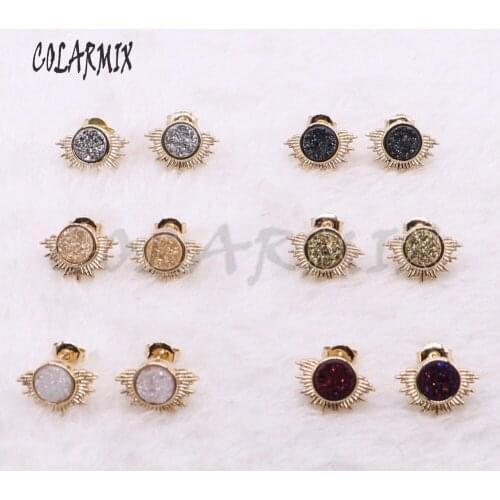 10 pairs Mix Druzy stud earrings geode stone half solar beads handcrafted jewelry women wholesale jewelry for women 3913
