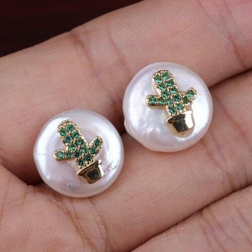 Green cz pave tiny cactus strong desert plant natural coin freshwater pearl bead charm stud earring for women