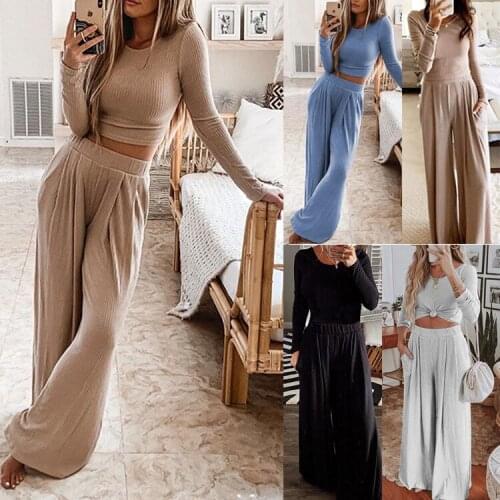 FNOCE Cross-border Foreign Trade Jumpsuit Womens two-piece Autumn And Winter Round Neck Long-sleeved Wide-leg Pants Jumpsuit
