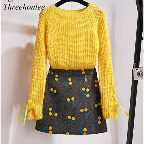 Womens Knitwear Suits Autumn Winter New Solid Mohair Pullover Jumpers Tops +Cherry Embroidery Woolen Skirt Two Piece Set