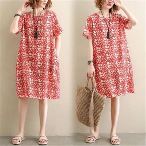 2021 Summer Fashion New Mid-Length Literary Fan Printing Round Neck Short-Sleeved Cotton And Linen Comfortable Dress Female H005