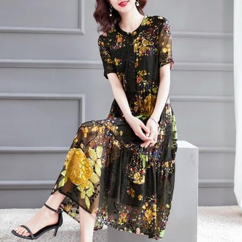 High Quality Silk Dress Women Summer Floral Elegant Dress Female Casual Midi Ladies Dresses New 2021 Vestido De Mujer Pph3743