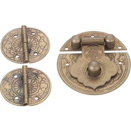 1Pcs Chinese Style Vintage Hasp Latch Lock with 2 Hinges Jewelry Chest Cabinet Drawer Antique Brass Hasp