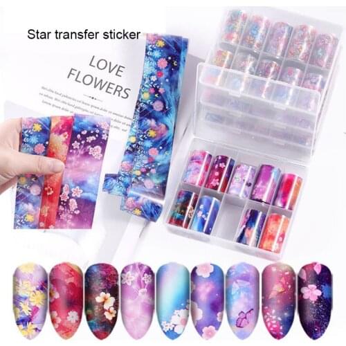 10pcs/Box Flower laser sky paper Nail Art Decorations Christmas Halloween Nail Stickers DIY Manicure Tool 3D Decals